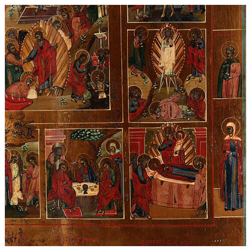 Ícone Antigo Russo Doze Festas e Ressurreição metade do século XIX, 52,5x44 cm 6