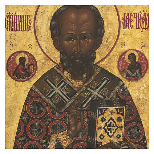 Ícone russo antigo São Nicolau de Mira fundo dourado XIX século 34,7x30,5x2,7 cm 2