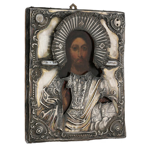 Christ Pantocrator Cosmocrator antique Russian icon with riza (1860) 28x22 cm 7