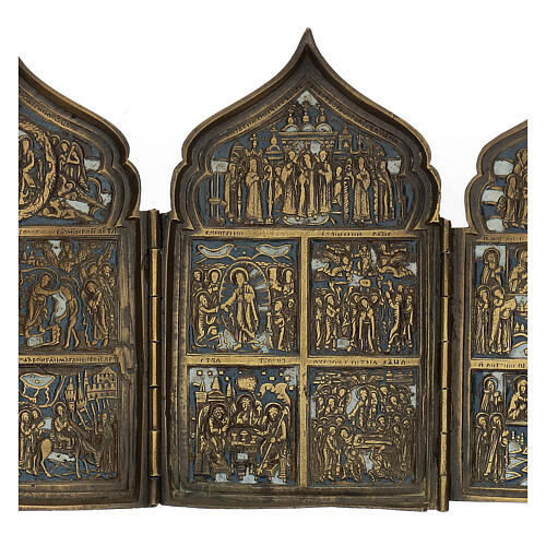 Antique Russian polyptych with enamel for travel XIX century, 40x18 cm 4