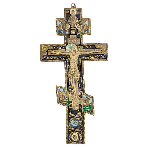 Crucifixo ortodoxo antigo russo bronze e esmaltes XIX século 34,7x17 cm 1