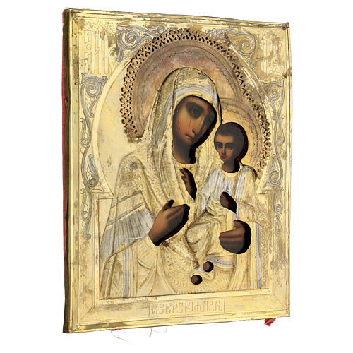 Ícone ucraniano antigo Nossa Senhora Iverskaja com riza de latão, final do século XIX, 27x22 cm 5