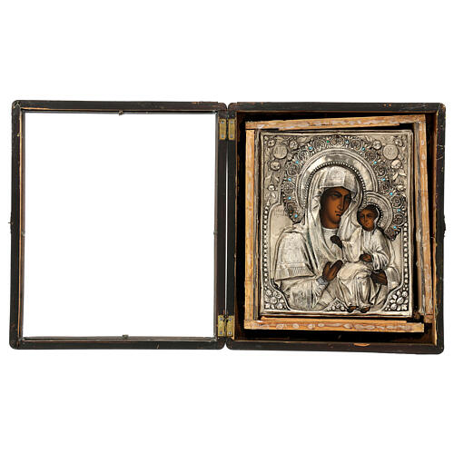 Icono antiguo ruso Madre Dios Iver Teka mediados del siglo XIX cristal 25x20 cm 11