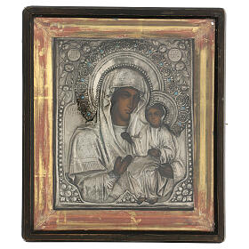 Ícone russo antigo Nossa Senhora Iverskaja com vitrine e vidro, metade do século XIX, 26x21 cm