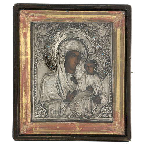 Ícone russo antigo Nossa Senhora Iverskaja com vitrine e vidro, metade do século XIX, 26x21 cm 1