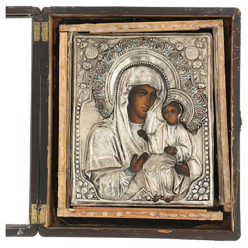 Ícone russo antigo Nossa Senhora Iverskaja com vitrine e vidro, metade do século XIX, 26x21 cm 8