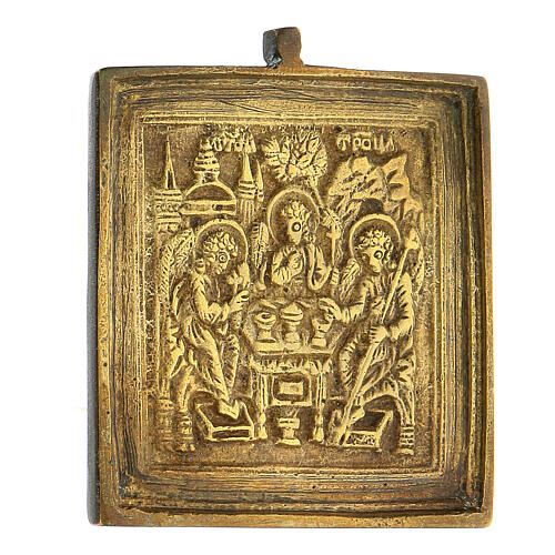 Travelling bronze icon, Trinity of the Old Testament, 19th century, Russia 5x5 cm 2