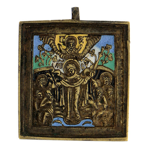 Ícone bronze esmaltado antigo Nossa Senhora Alegria dos Aflitos XIX século Rússia, 6x5,2 cm 1
