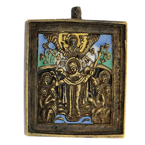 Ícone bronze esmaltado antigo Nossa Senhora Alegria dos Aflitos XIX século Rússia, 6x5,2 cm 2