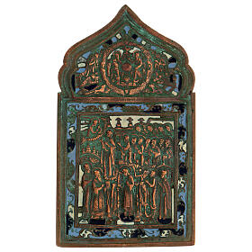 Ícone russo antigo bronze Novo Testamento e Nossa Senhora de Pokrov século XIX, 16,5x9,6 cm