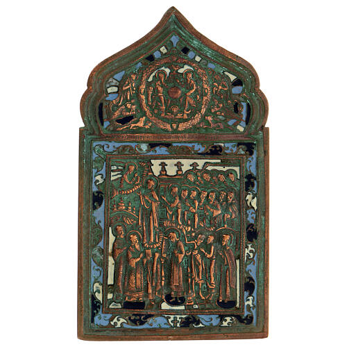 Ícone russo antigo bronze Novo Testamento e Nossa Senhora de Pokrov século XIX, 16,5x9,6 cm 1
