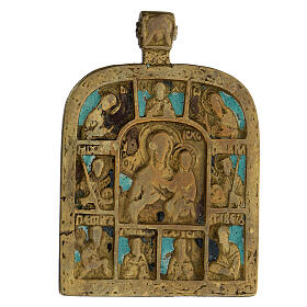 Russische Ikone Bronze Madonna Hodegetria 19 Jahrhundert, 10x5 cm