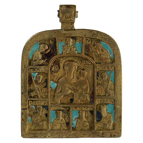 Our Lady of Smolensk with deesis, bronze Russian icon, 19th century 10x5 cm 1