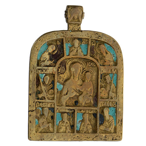 Ícone bronze antigo Nossa Senhora de Smolensk com deesis XIX século Rússia, 8,7x6,7 cm 2