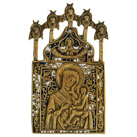 Ícone russo bronze esmaltado Nossa Senhora de Tichvin século XIX, 13,3x7,5 cm