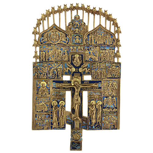 Cruz do Patriarca esmalte azul e amarelo bronze antigo Rússia século XIX, 37,4x23,5 cm 1