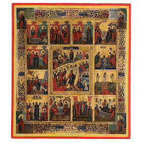 Antique Russian icon, The Twelve Feasts, gold background, 19th century, 40x30 cm