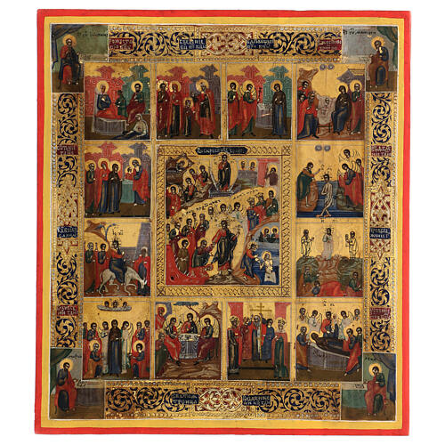 Antique Russian icon, The Twelve Feasts, gold background, 19th century, 40x30 cm 1