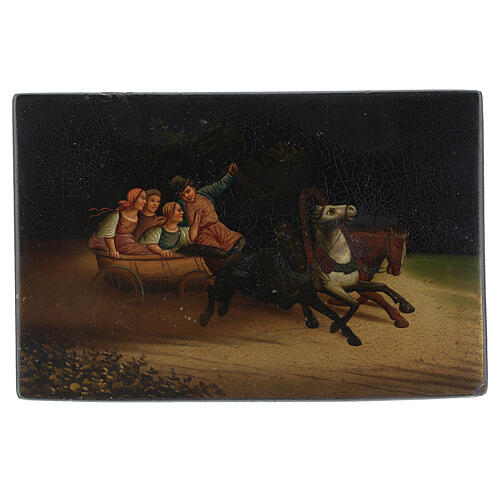 Russische Lackdose aus Pappmaché – Troika mit jungen Frauen, 10 × 15 × 10 cm 1