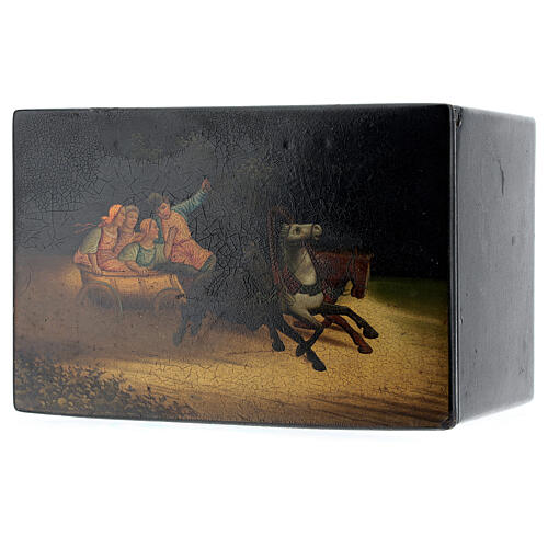Antique Russian lacquer box, Young people on a troika, 10x15x10 cm 2