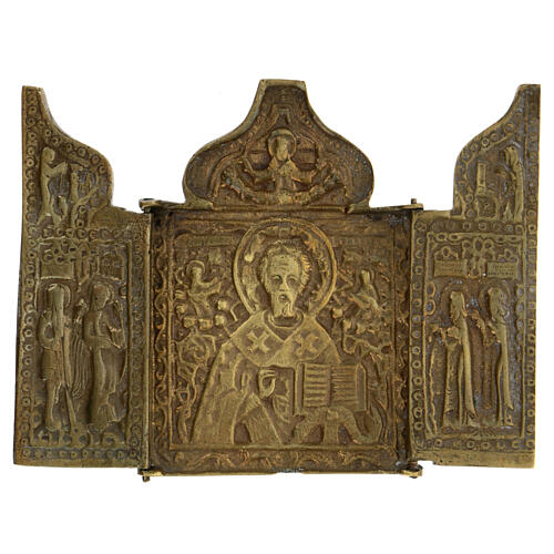 Trittico da viaggio San Nicola Mosca bronzo XIX sec 10x15 cm 1