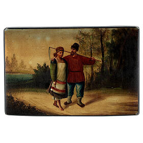 Antique Russian lacquer box peasant couple 10x15x10 cm