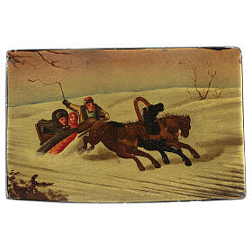 Caixa lacada russa antiga carruagem troika paisagem nevada 8,5x13x8,5 cm