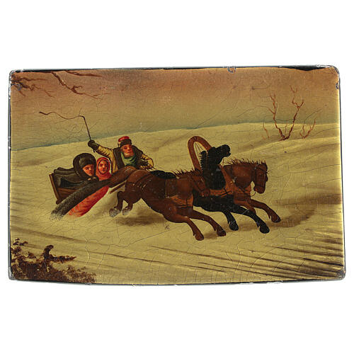Caixa lacada russa antiga carruagem troika paisagem nevada 8,5x13x8,5 cm 1