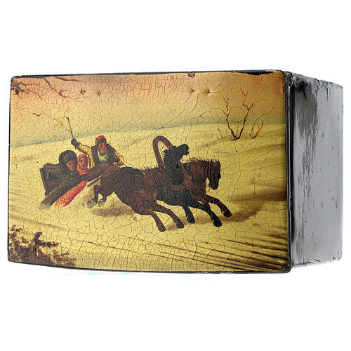 Caixa lacada russa antiga carruagem troika paisagem nevada 8,5x13x8,5 cm 2