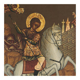 Ícone antigo São Jorge sobre cavalo branco matando o Dragão, Rússia, século XIX, 36x31 cm