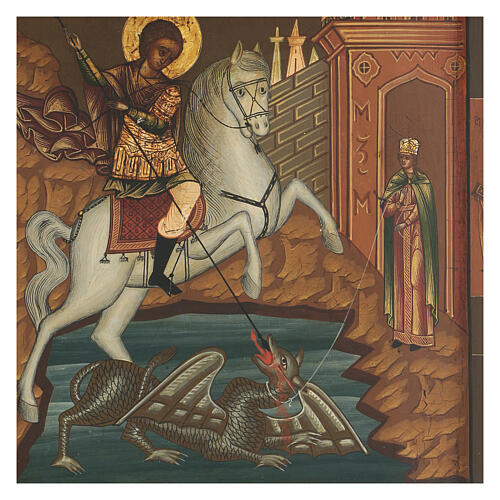 Ícone antigo São Jorge sobre cavalo branco matando o Dragão, Rússia, século XIX, 36x31 cm 4