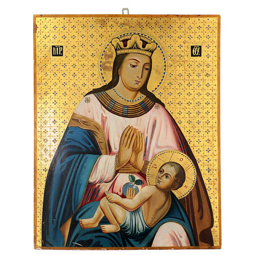 Old Ukrainian icon of Virgin and Child with apple, painted by hand, gold background, 70x55 cm 1