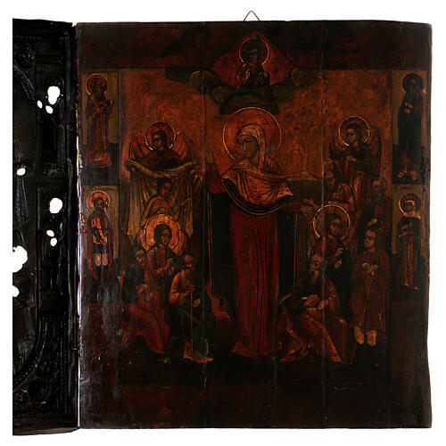 Mother of God "The Joy of all who sorrow", antique Russian icon with metallic riza, 35x30 cm 4