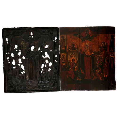 Mother of God "The Joy of all who sorrow", antique Russian icon with metallic riza, 35x30 cm 6