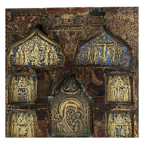 Ícone antigo Estauroteca madeira e bronze Rússia central século XVIII 3