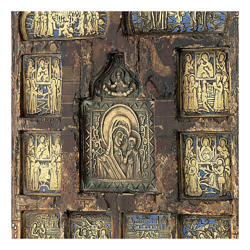 Ícone antigo Estauroteca madeira e bronze Rússia central século XVIII 6