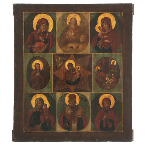 Icona antica 9 soggetti Russia del Nord seconda metà del XIX sec 37x35 cm 1