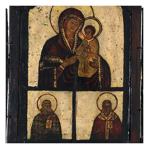 Tríptico antiguo plegable "Adoración Madre de Dios Odigitria" zona Balcanes siglo XVIII 2