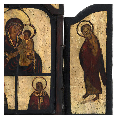 Tríptico antiguo plegable "Adoración Madre de Dios Odigitria" zona Balcanes siglo XVIII 4