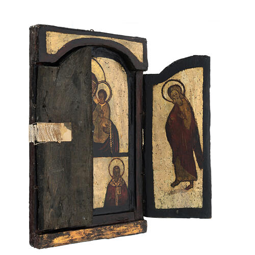 Tríptico antiguo plegable "Adoración Madre de Dios Odigitria" zona Balcanes siglo XVIII 5