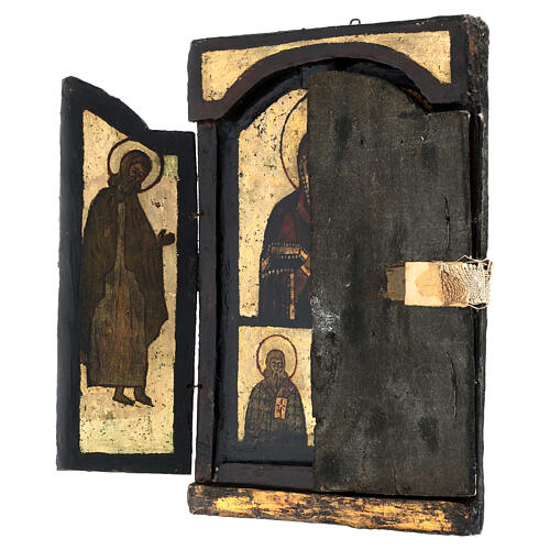Tríptico antiguo plegable "Adoración Madre de Dios Odigitria" zona Balcanes siglo XVIII 6