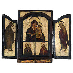 Triptyque ancien pliable Adoration de la Mère de Dieu Hodegetria zone Balkans XVIIIe siècle