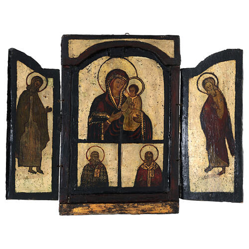 Triptyque ancien pliable Adoration de la Mère de Dieu Hodegetria zone Balkans XVIIIe siècle 1
