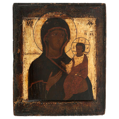 Icona Madonna di Smolensk Russia dipinta XVIII sec. 30x25 cm 1