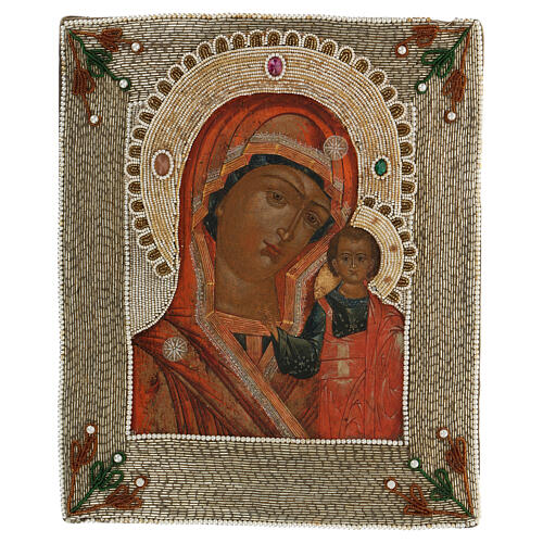 Our Lady of Kazan, Russian painted icon with embroidered riza, 19th c., 14x 12 in 1