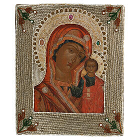 Icona Madonna di Kazan ricamo onorifico Russia dipinta XIX sec. 35x30 cm