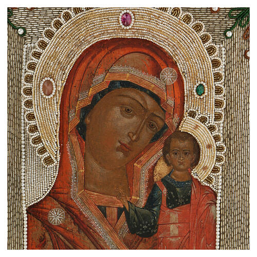 Icona Madonna di Kazan ricamo onorifico Russia dipinta XIX sec. 35x30 cm 2