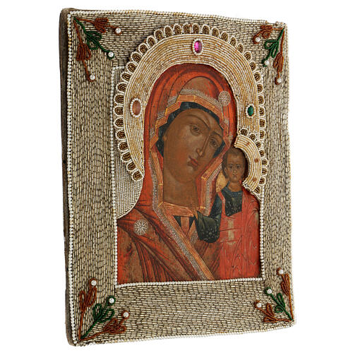 Icona Madonna di Kazan ricamo onorifico Russia dipinta XIX sec. 35x30 cm 3