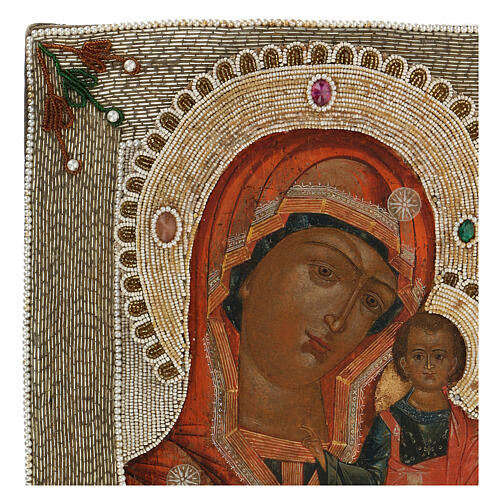 Icona Madonna di Kazan ricamo onorifico Russia dipinta XIX sec. 35x30 cm 4