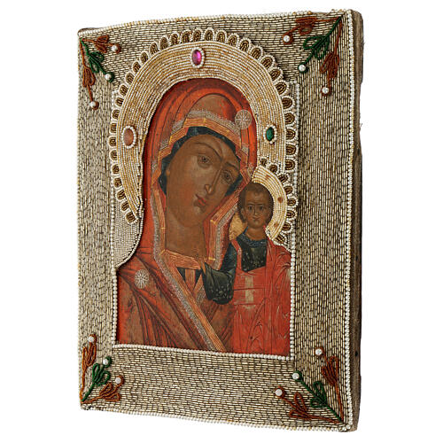 Icona Madonna di Kazan ricamo onorifico Russia dipinta XIX sec. 35x30 cm 6